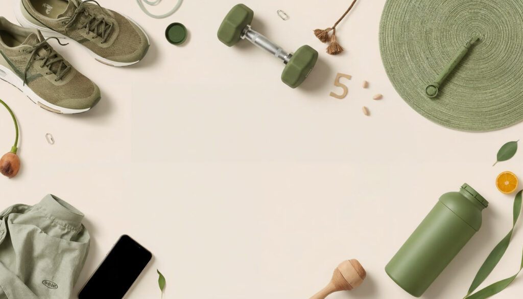 Bannière Shop HealthyVibes avec chaussures de running, haltère, tapis de yoga et gourde verte sur fond beige.